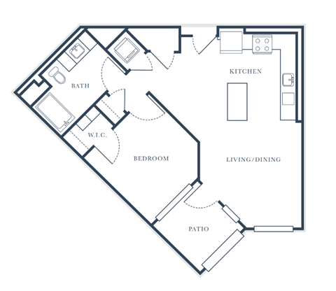 A floor plan of a house with a kitchen, living/dining area, bedroom, bathroom, and patio.